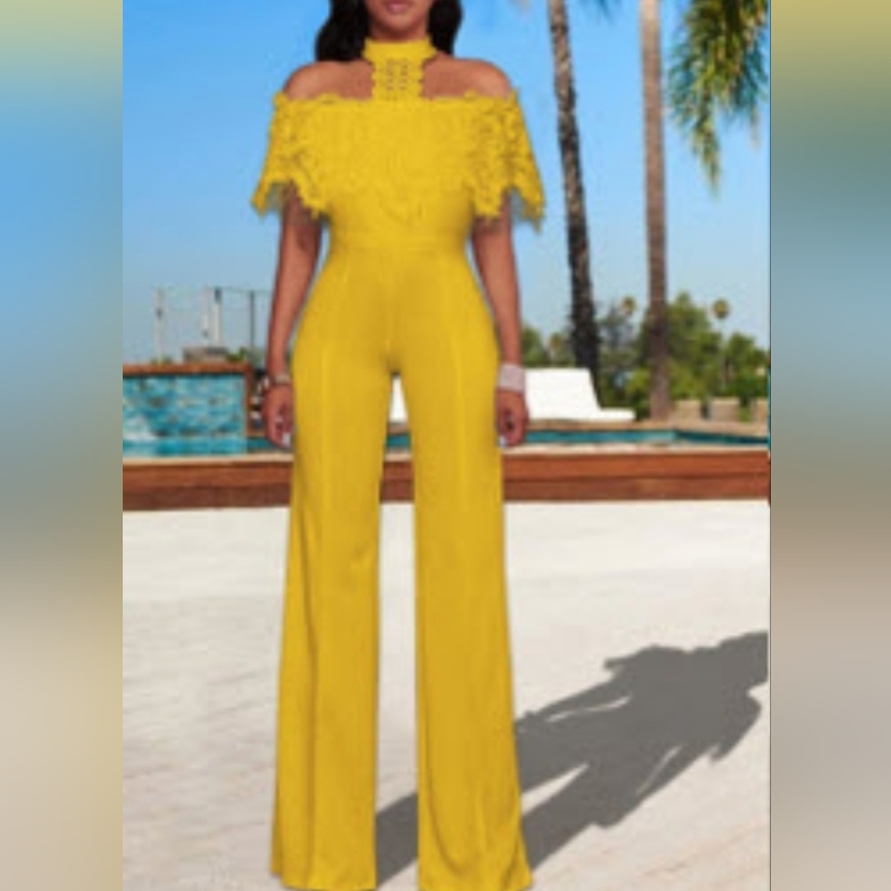 Lace T Neck on OR off the shoulder wide leg jumpsuit